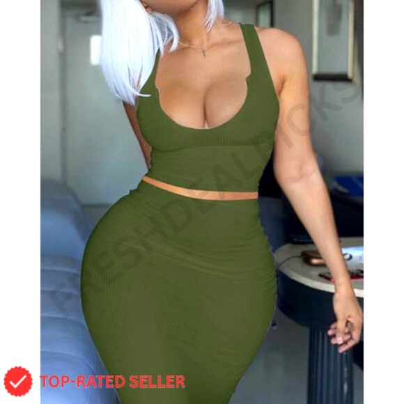 2 Piece Ribbed Knit Bodycon Maxi Dress Long Sleeve V Neck Club Wear - Picture 4 of 7